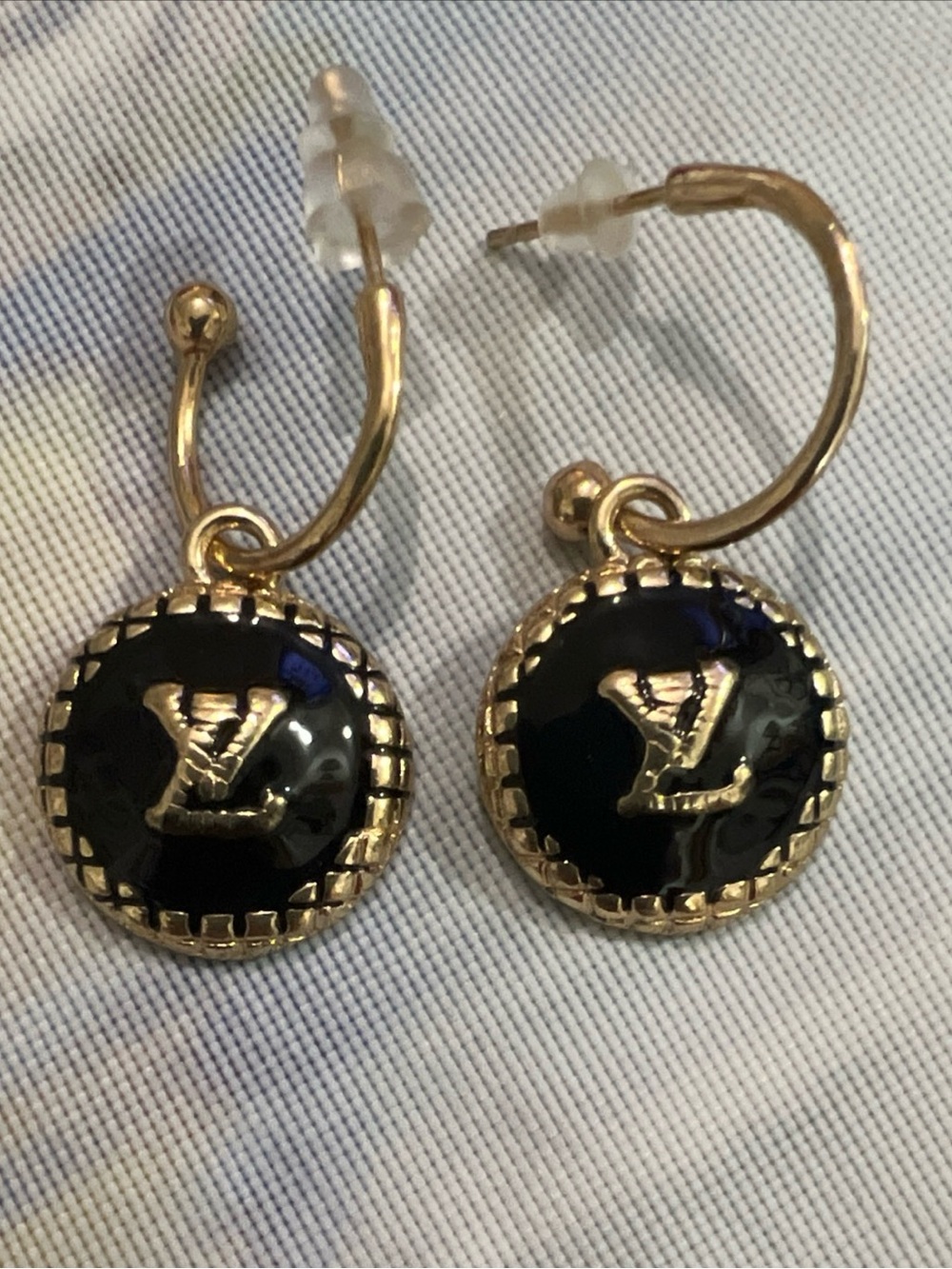 Louis Vuitton style Black and Gold Logo Drop Earrings